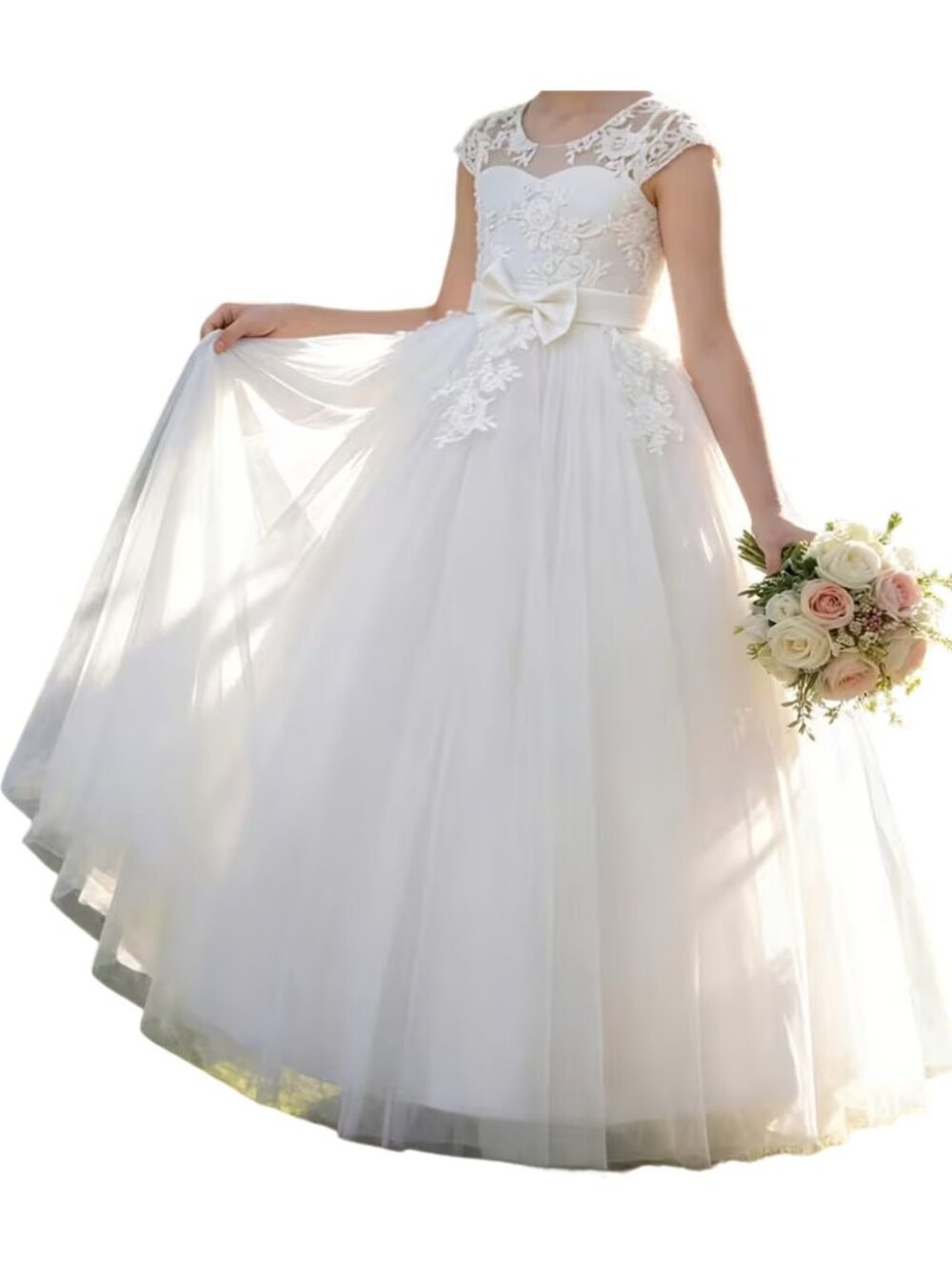 White Girl Dress Princess Girls Cap Sleeve Lace Applique Tulle Ball Gown with B